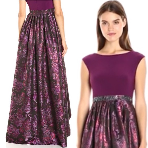 Adrianna Papell Mulberry Cap Sleeve Gown Jersey Top Metallic Printed High Low - Picture 4 of 11